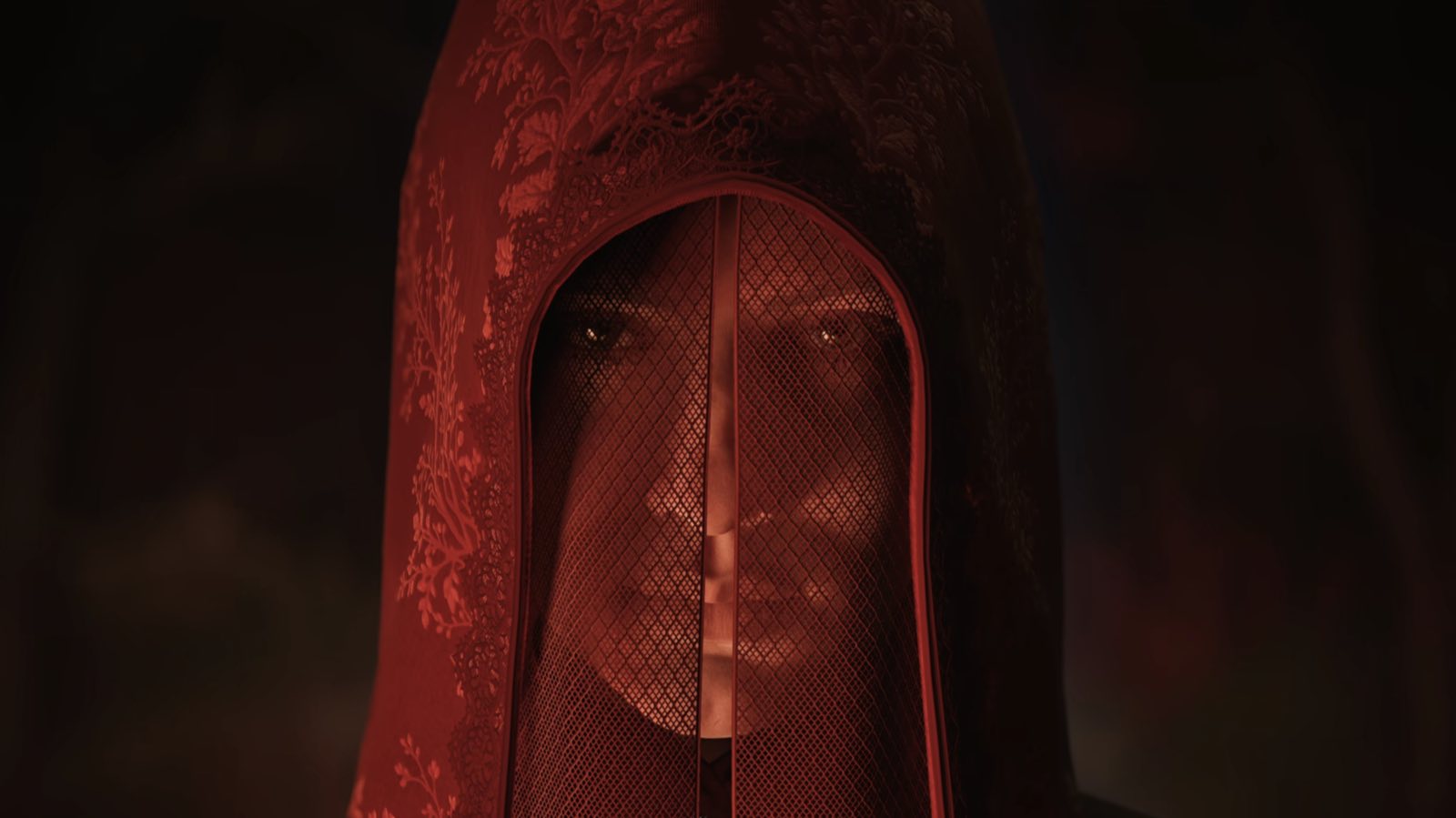1666: Amsterdam — a woman's face hidden behind a red embroidered hood and lace mesh veil